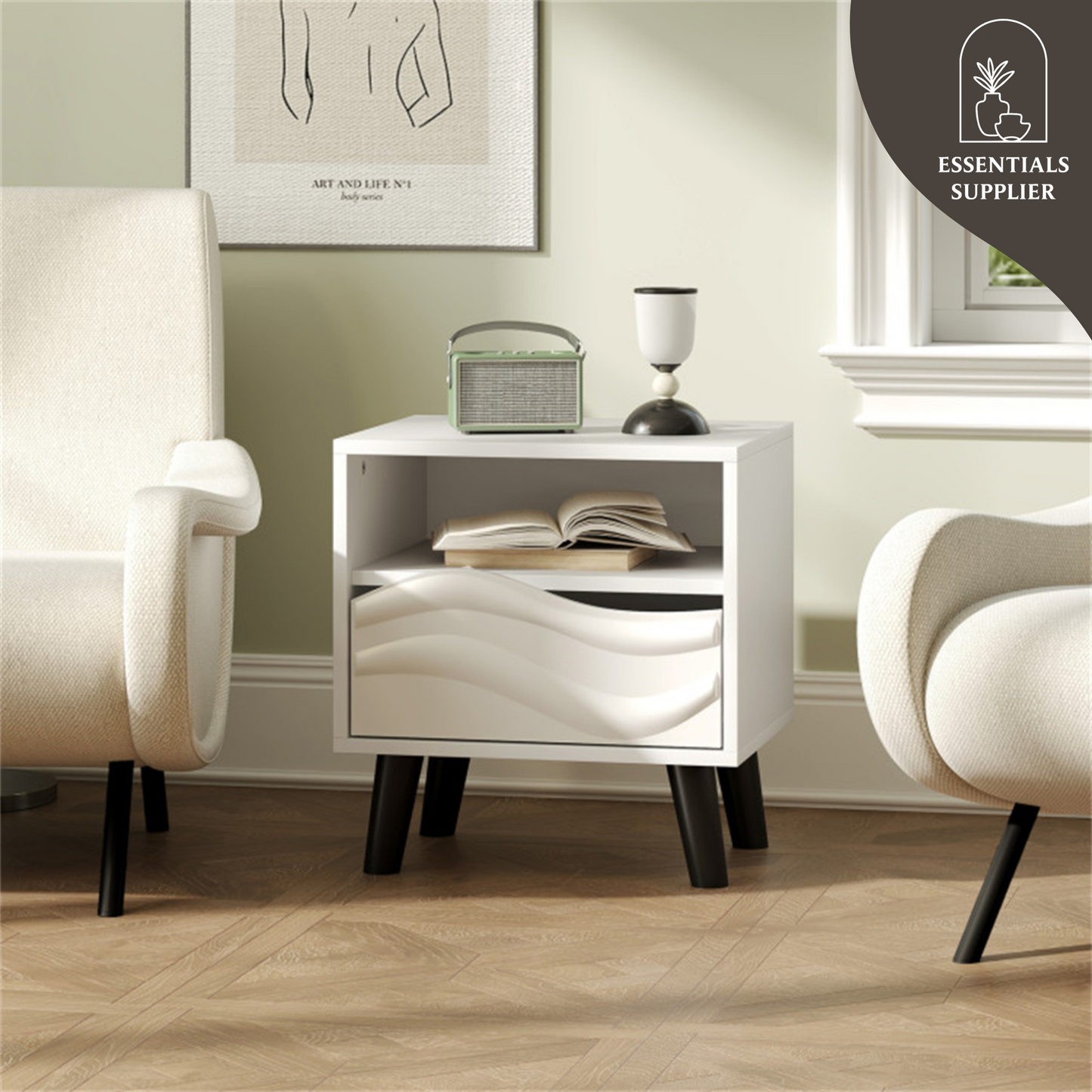 White Nightstand with Drawer & Open Shelf – Modern Compact Bedside Table