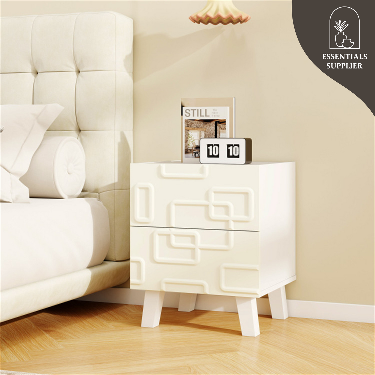 White Modern Nightstand with 2 Drawers – Geometric 3D Pattern Bedside Side Table