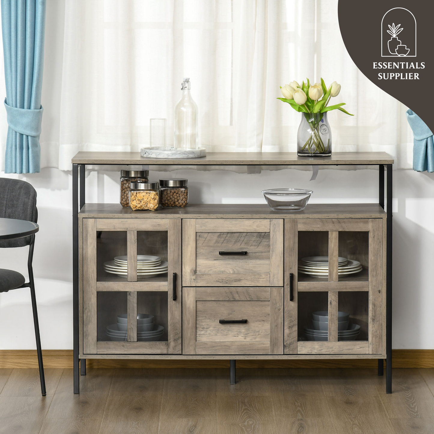 47" Industrial Gray Sideboard with Cabinets, Drawers & Open Shelf Storage
