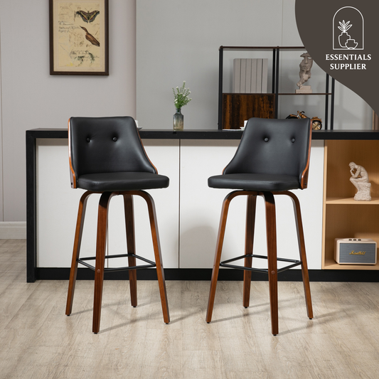 Set of 2 Black PU Leather Wingback Swivel Bar Stools with Tufted Back & Footrest