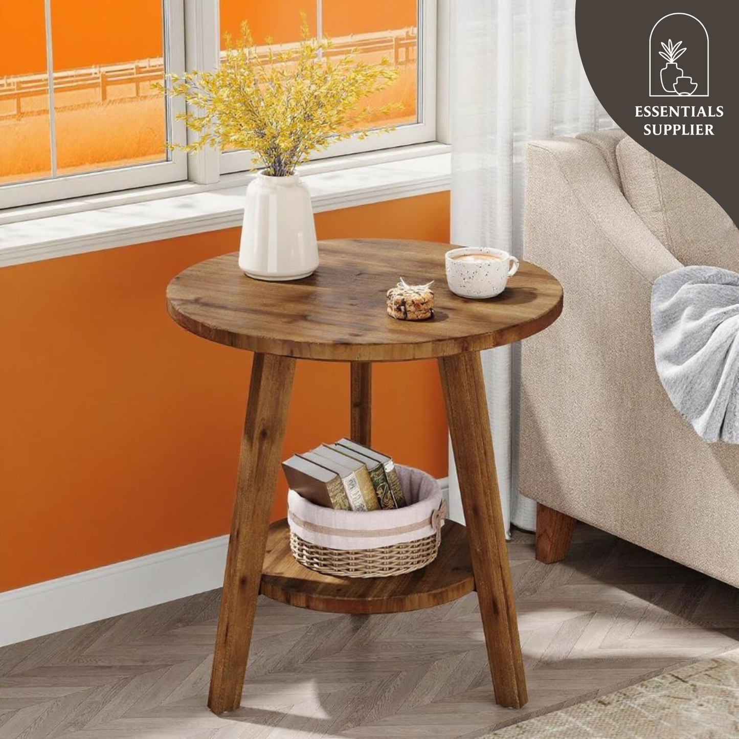 Rustic Solid Wood Round Side Table with Shelf – Natural Fir Coffee End Table