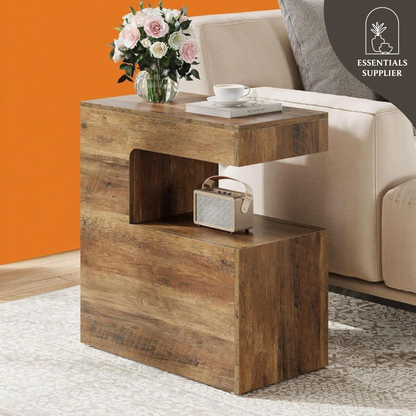 C-Shaped End Table with Shelf – Rustic Side Coffee Table for Couch, Bed & Living Room