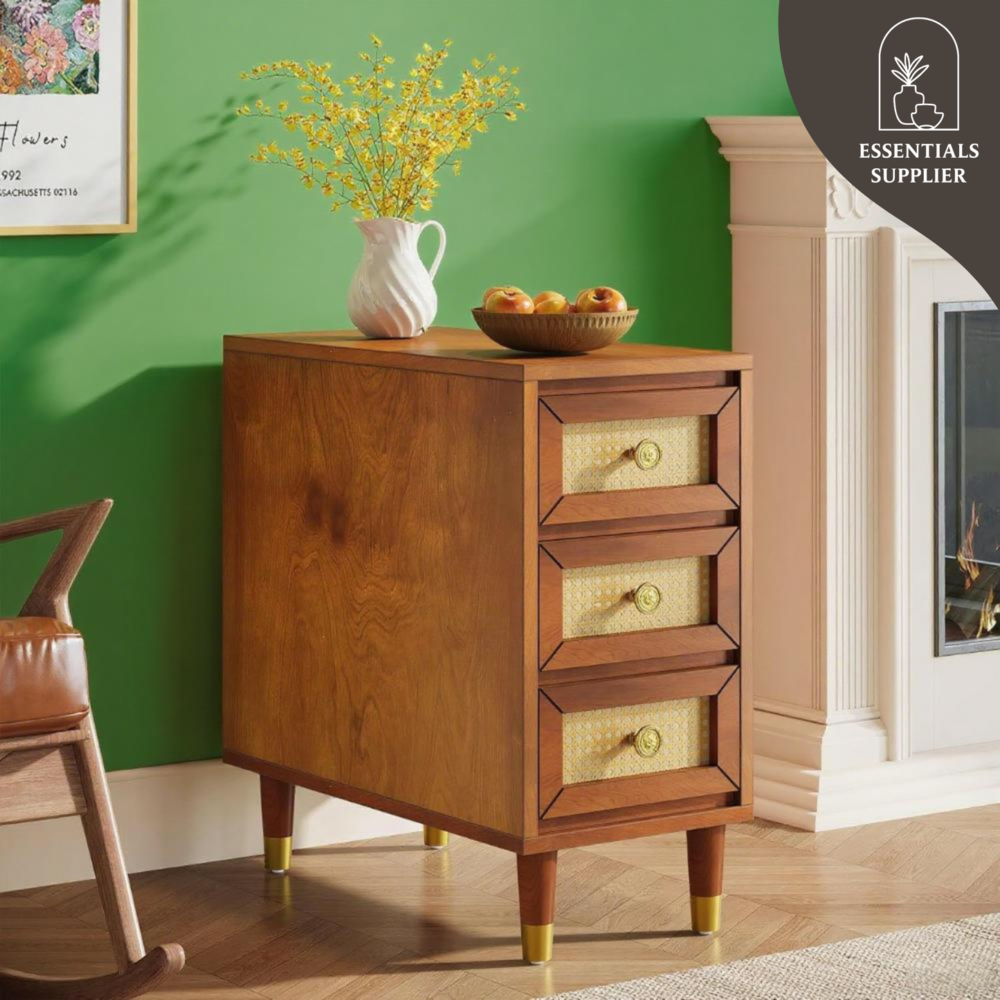 Solid Wood Coffee Table with 3 Rattan Drawers – Rustic Boho Accent End Table