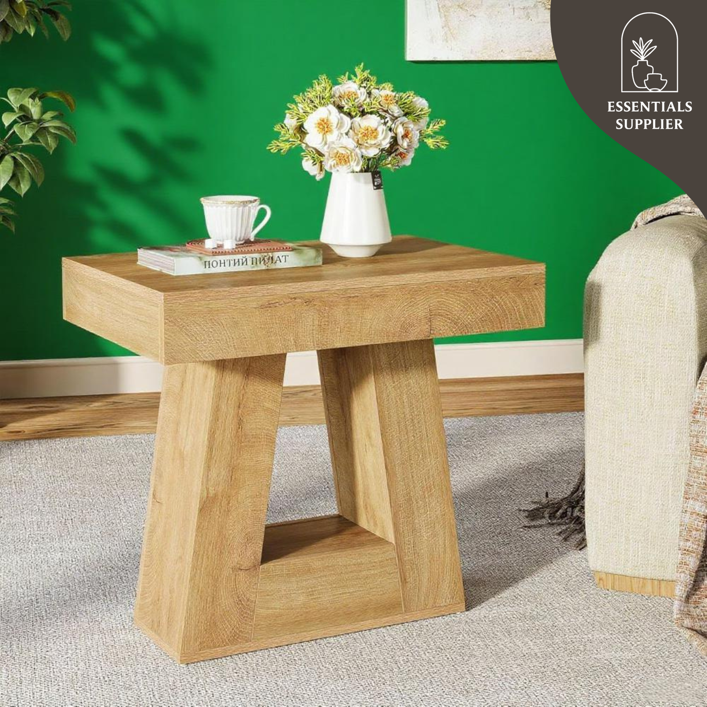 Modern Contemporary Coffee Table with Trapezoidal Base – Wood Grain Side Table