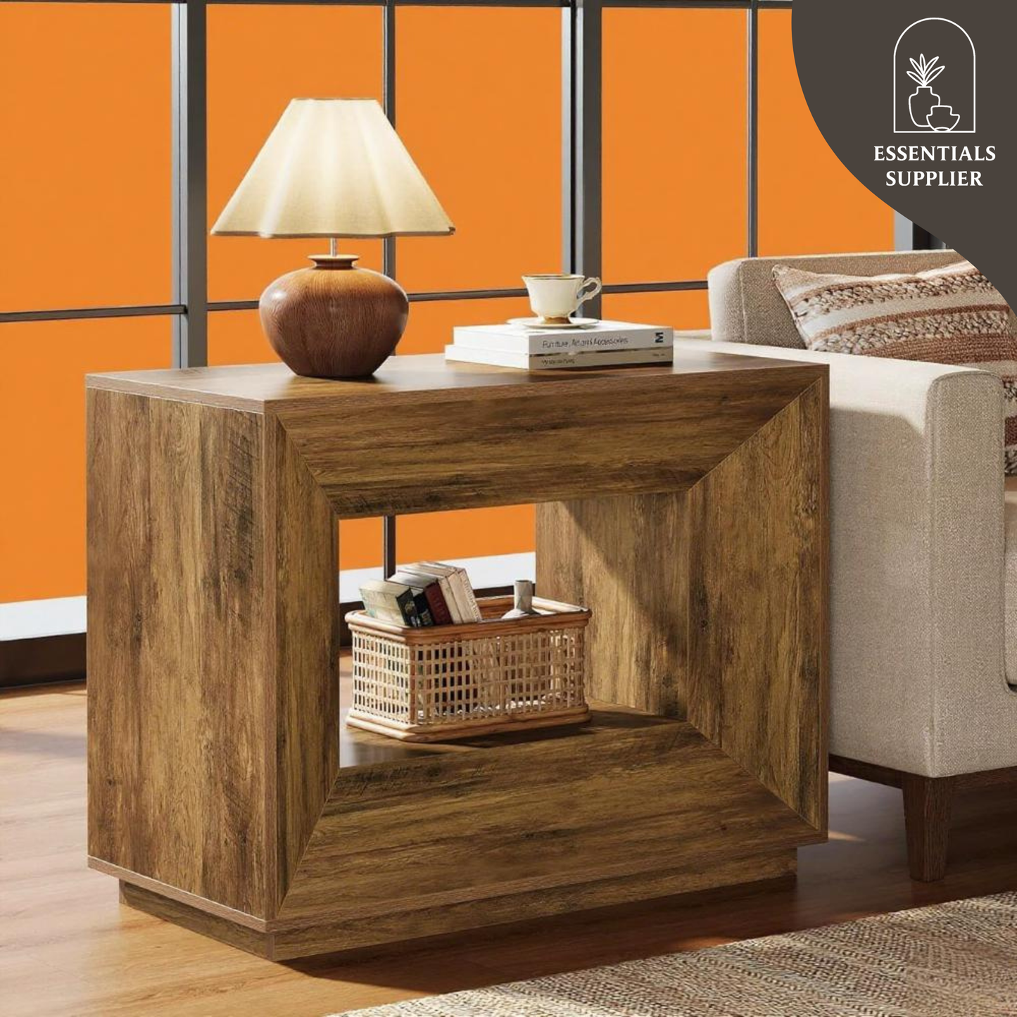 Mid-Century Rustic Coffee Table with 2-Tier Shelves – Oversized End Table