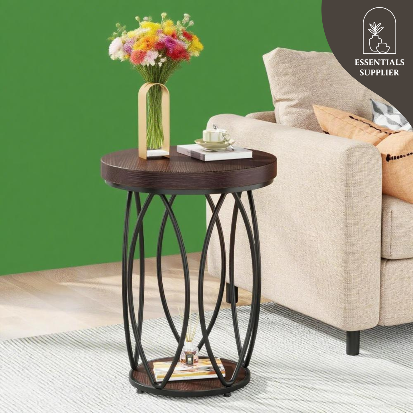 Rustic Round Coffee Table with Metal Frame & Storage Shelf – Industrial Side Table