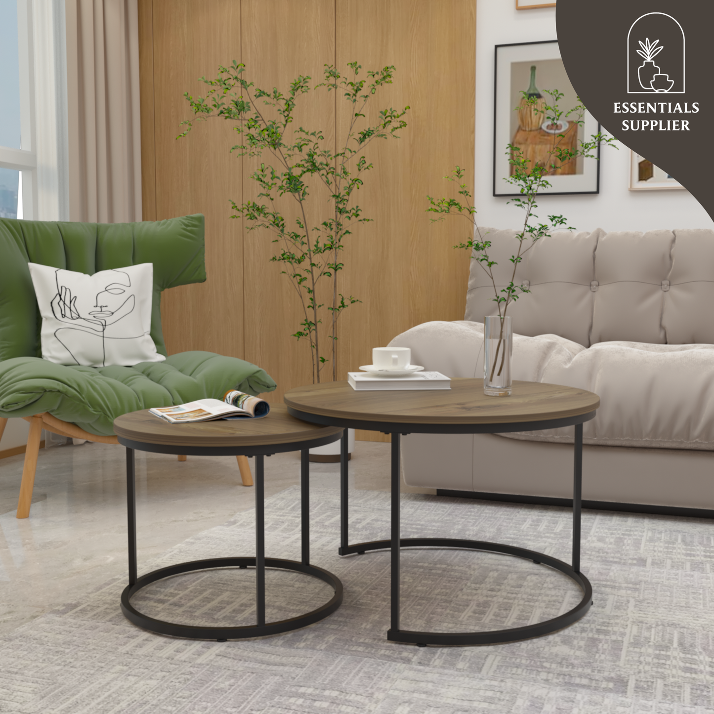 Round Nesting Coffee Table Set of 2 with Marble Top & Metal Frame – Modern Living Room