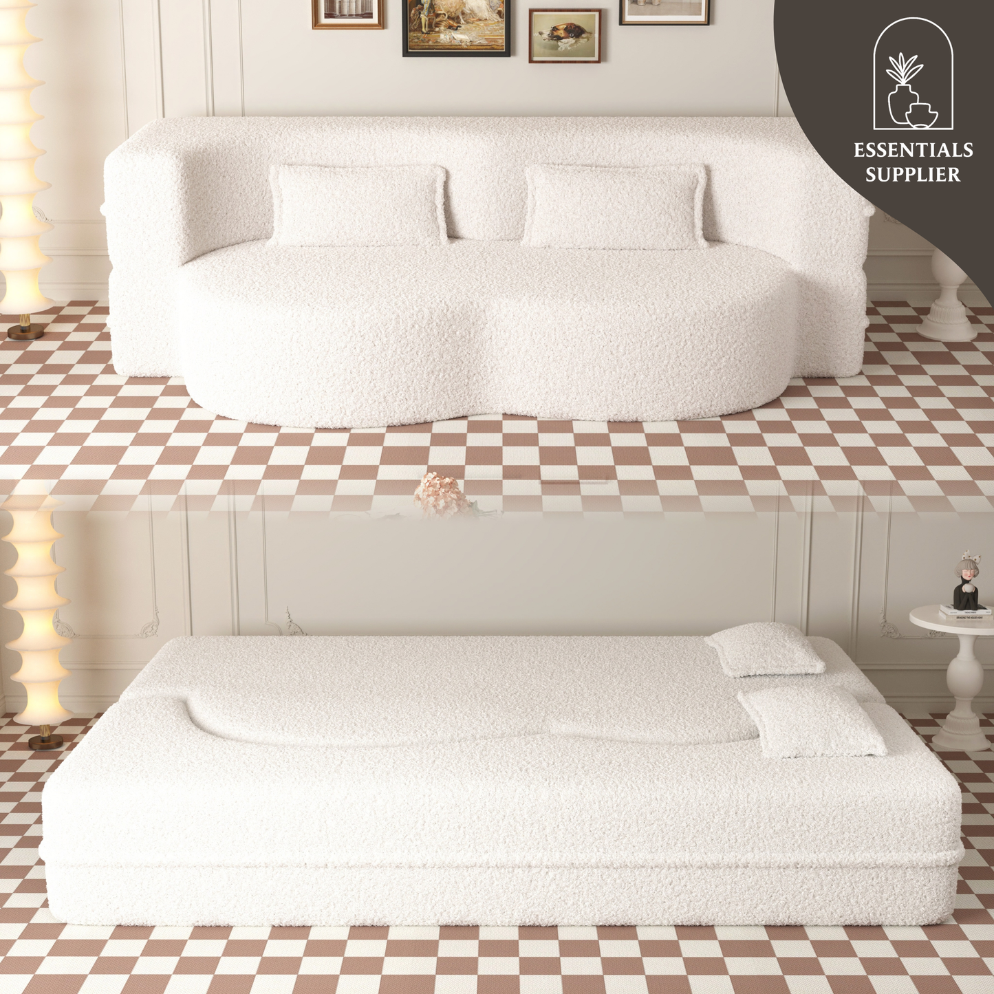 Modern Beige Teddy Fabric Floor Sofa Bed with 2 Pillows – Convertible & Space-Saving