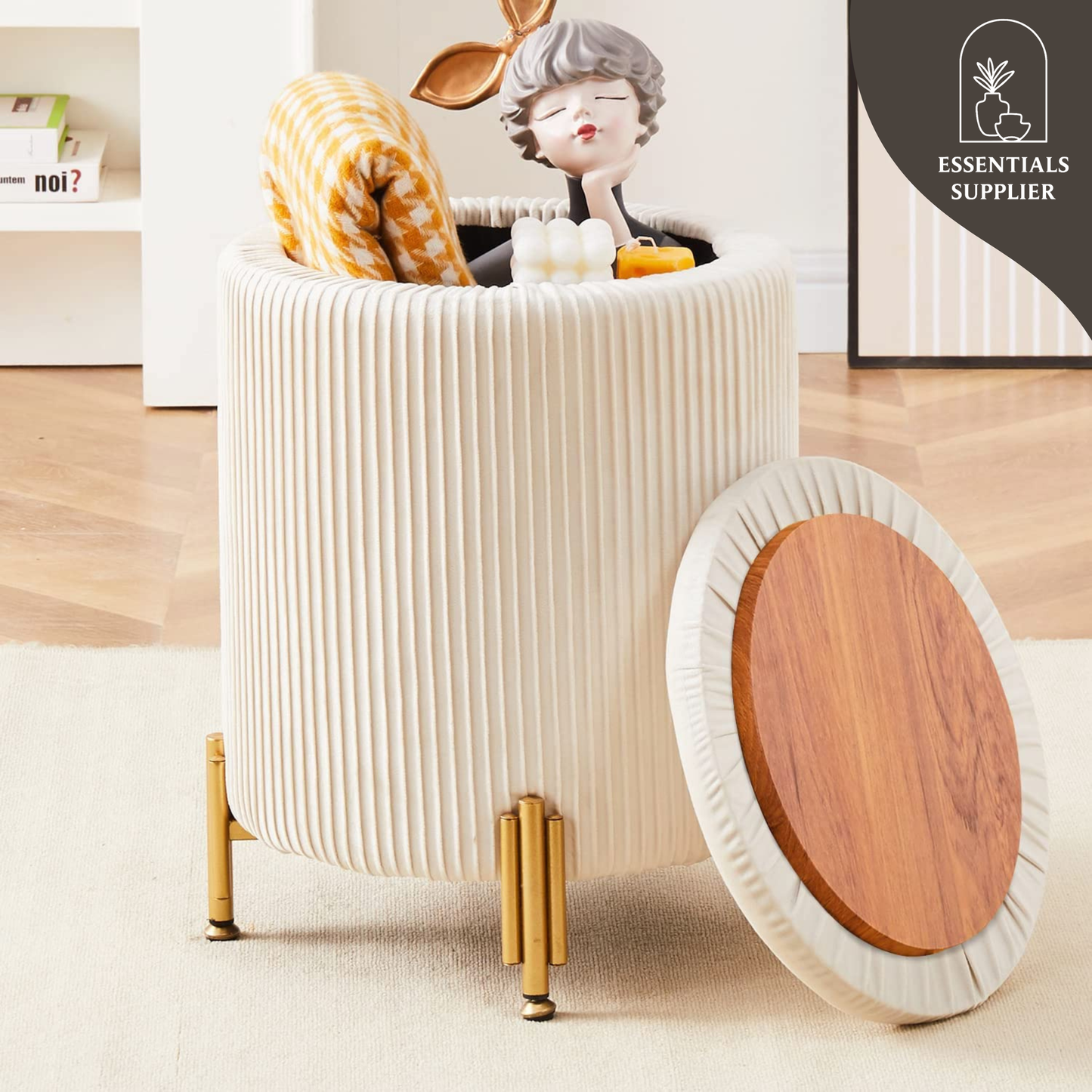 Velvet Round Ottoman Foot Stool with 23Qt Storage, 300lbs Support, Padded Seat