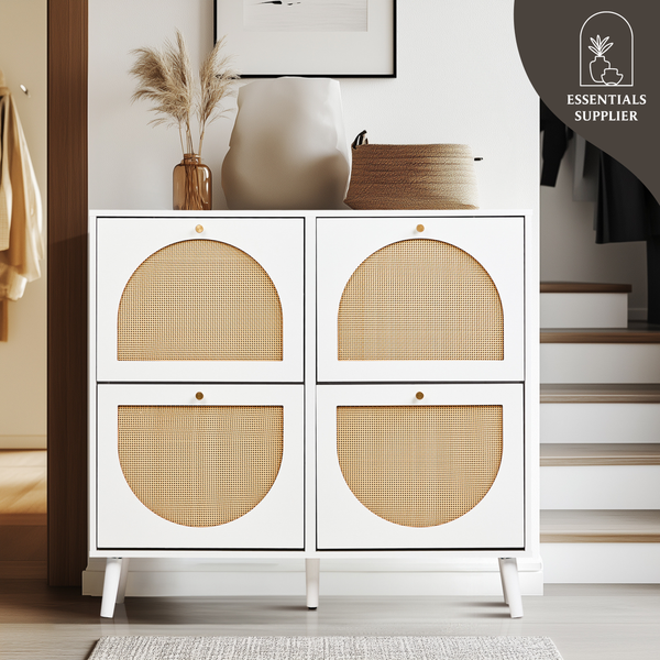 2-Row 4-Bucket Rattan Shoe Cabinet, White & Wood Finish w/ Gold High Legs