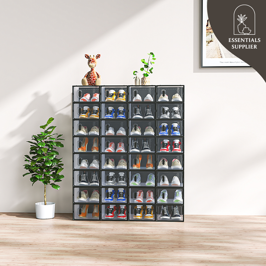 32PCS Black Plastic Mesh Shoe Boxes, Small Size, 33×23×14cm, Stackable