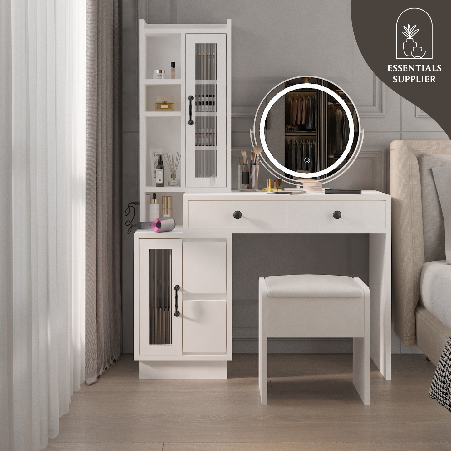 Modern Vanity Table Set w/ LED Mirror, Side Cabinet & Outlets, 3 Lights