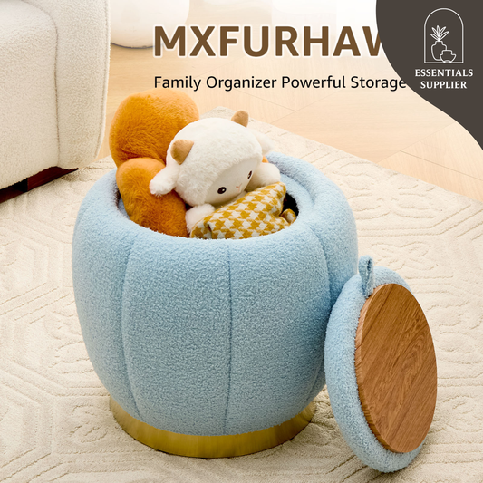 Modern Round Storage Ottoman Footrest with Soft Seat, Velvet Stool Accent, Blue