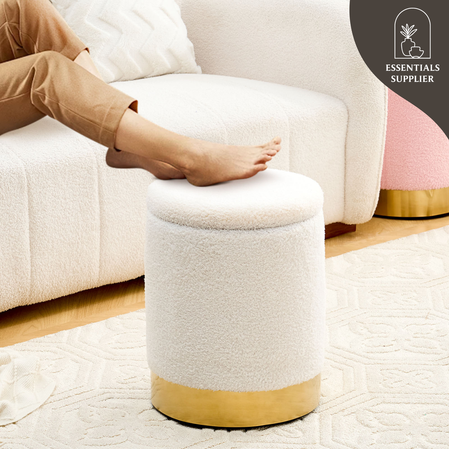 Teddy Velvet Round Ottoman Stool with Storage, Padded Seat, Metal Base, White