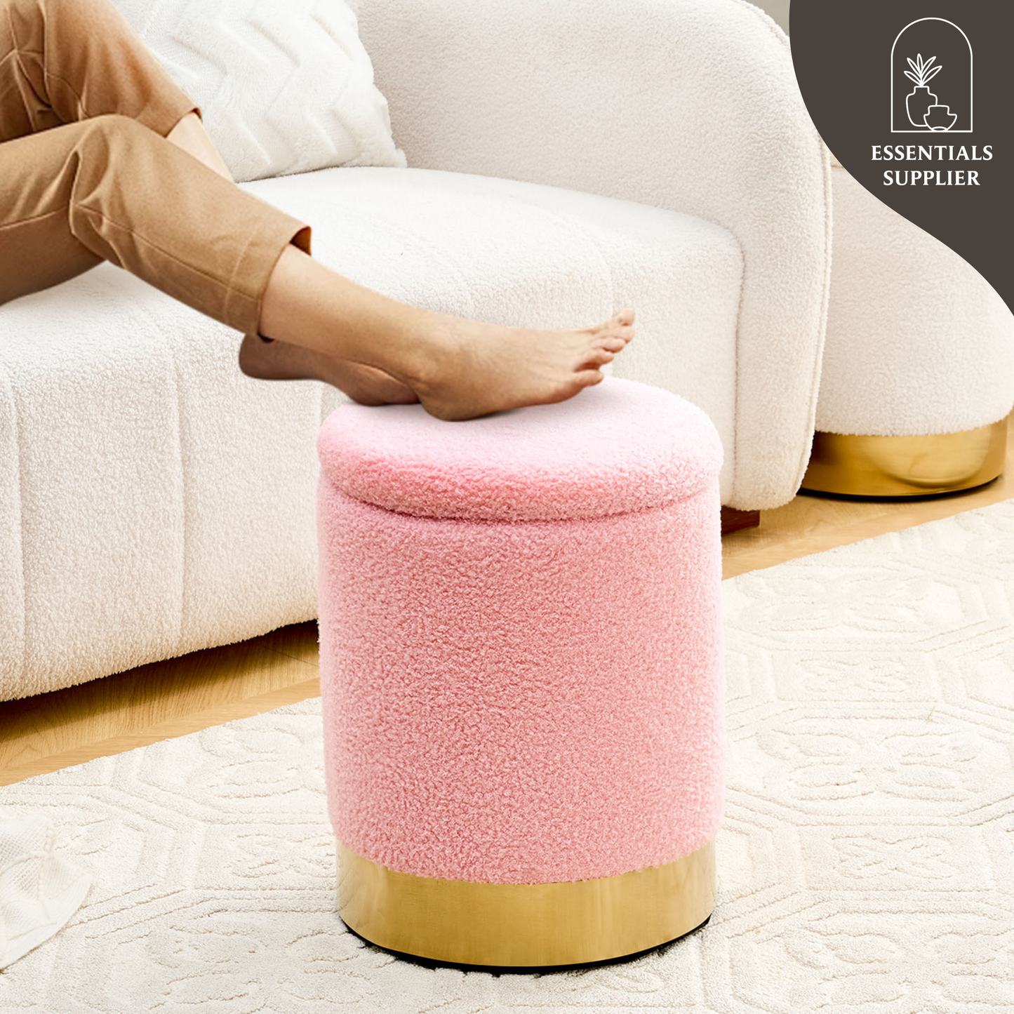 Teddy Velvet Round Ottoman Stool with Storage, Padded Seat, Metal Base, Pink