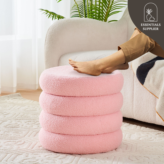 Round Shape Storage Ottoman Stool with Flip Tray, Vanity & Footrest Chair, Pink