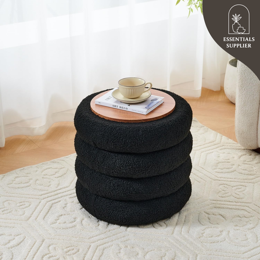 Round Shape Storage Ottoman Stool with Flip Tray, Vanity & Footrest Chair, Black