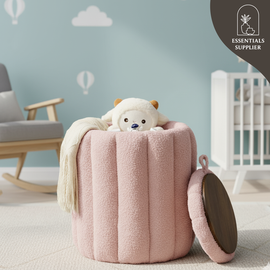 Teddy Velvet Ottoman with Storage, Round Padded Foot Stool for Makeup Room, Pink