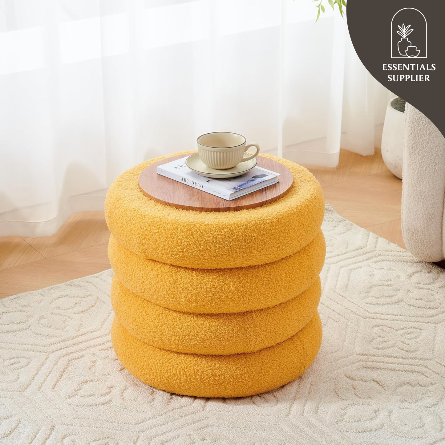 Round Shape Storage Ottoman Stool with Flip Tray, Vanity & Footrest Chair, Yellow