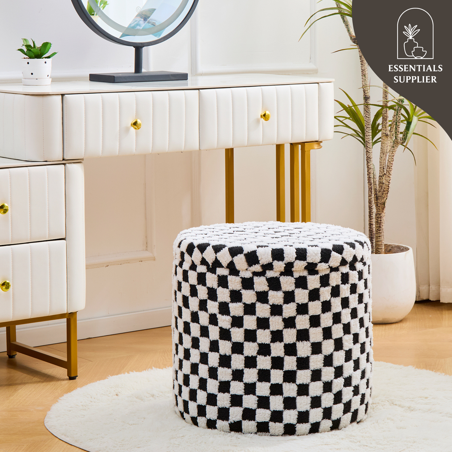 Round Black Faux Fur Ottoman with Storage – Footrest for Bedroom or Vanity