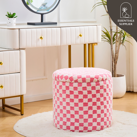 Round Pink Faux Fur Ottoman with Storage – Footrest for Bedroom or Vanity