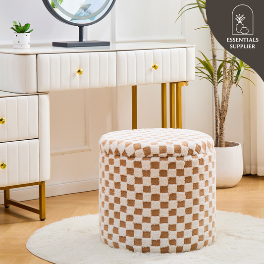 Round Brown Faux Fur Ottoman with Storage – Footrest for Bedroom or Vanity