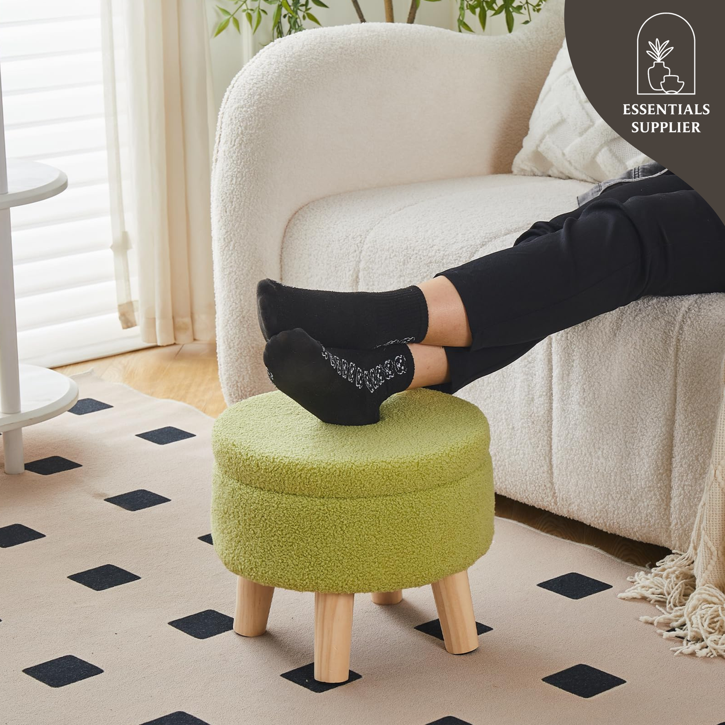 Round Storage Ottoman, Teddy Velvet Footrest with Wood Legs for Living Room, Green