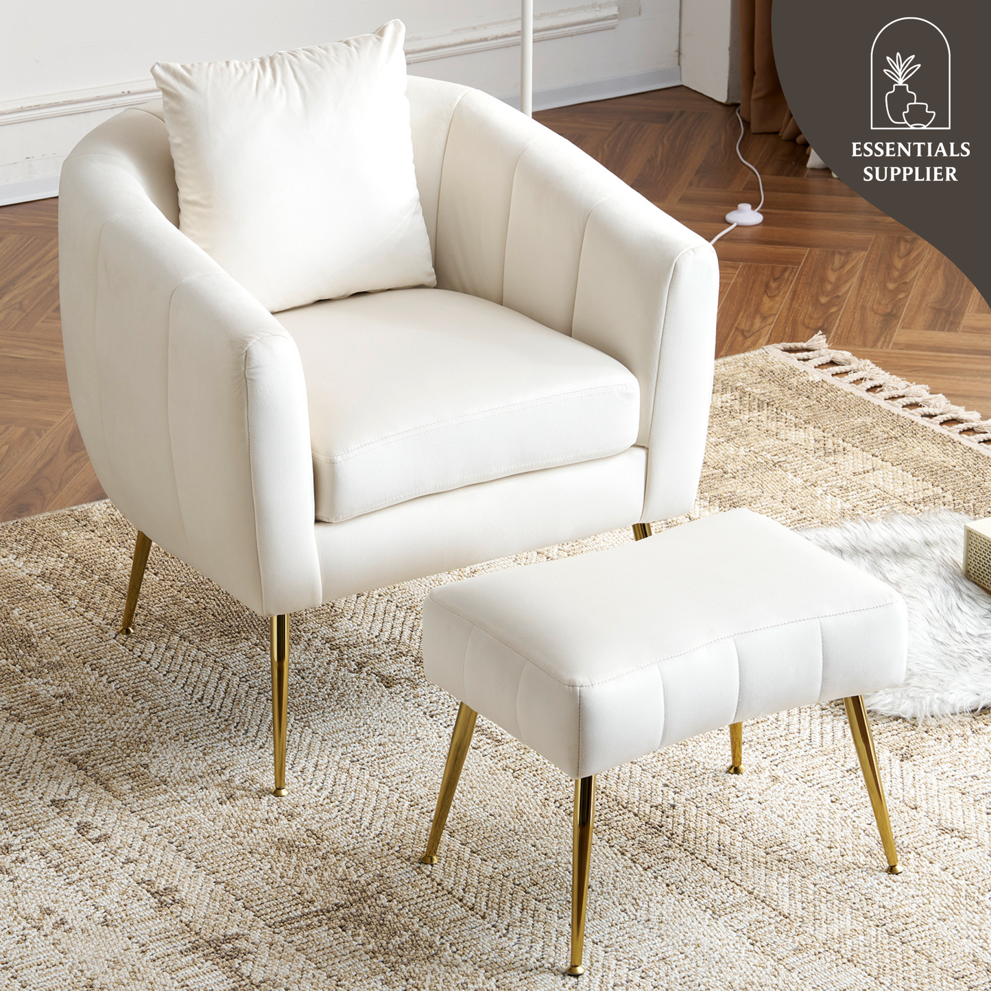 Velvet Barrel Chair with Ottoman & Lumbar Pillow – Off White  Accent Set