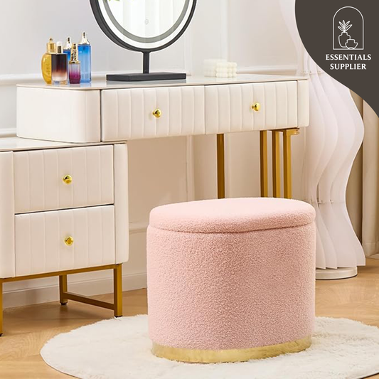Round Storage Ottoman with Flip-Top Lid – Pink Upholstered Stool