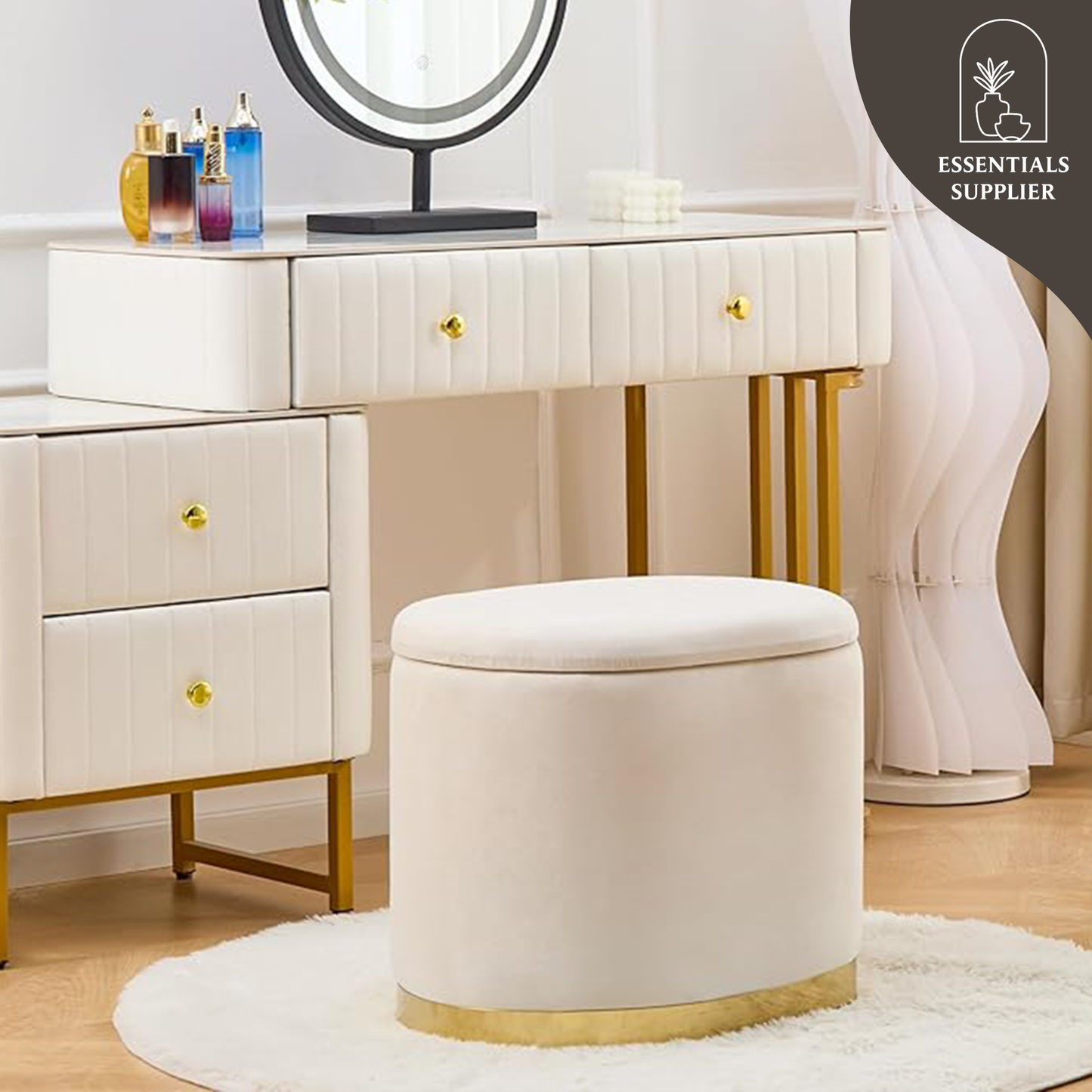 Round Storage Ottoman with Flip-Top Lid – Cream Upholstered Stool