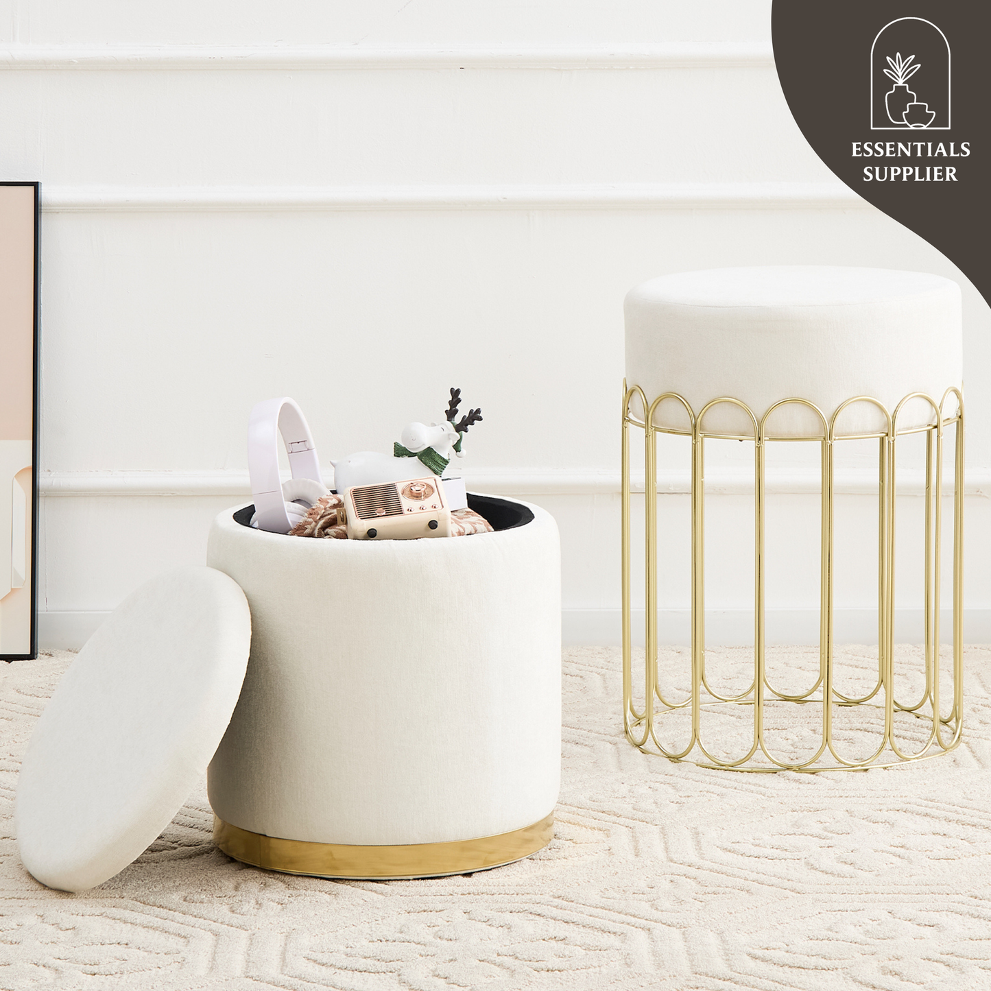 Set of 2 Round Velvet Storage Ottomans with Removable Lids – White