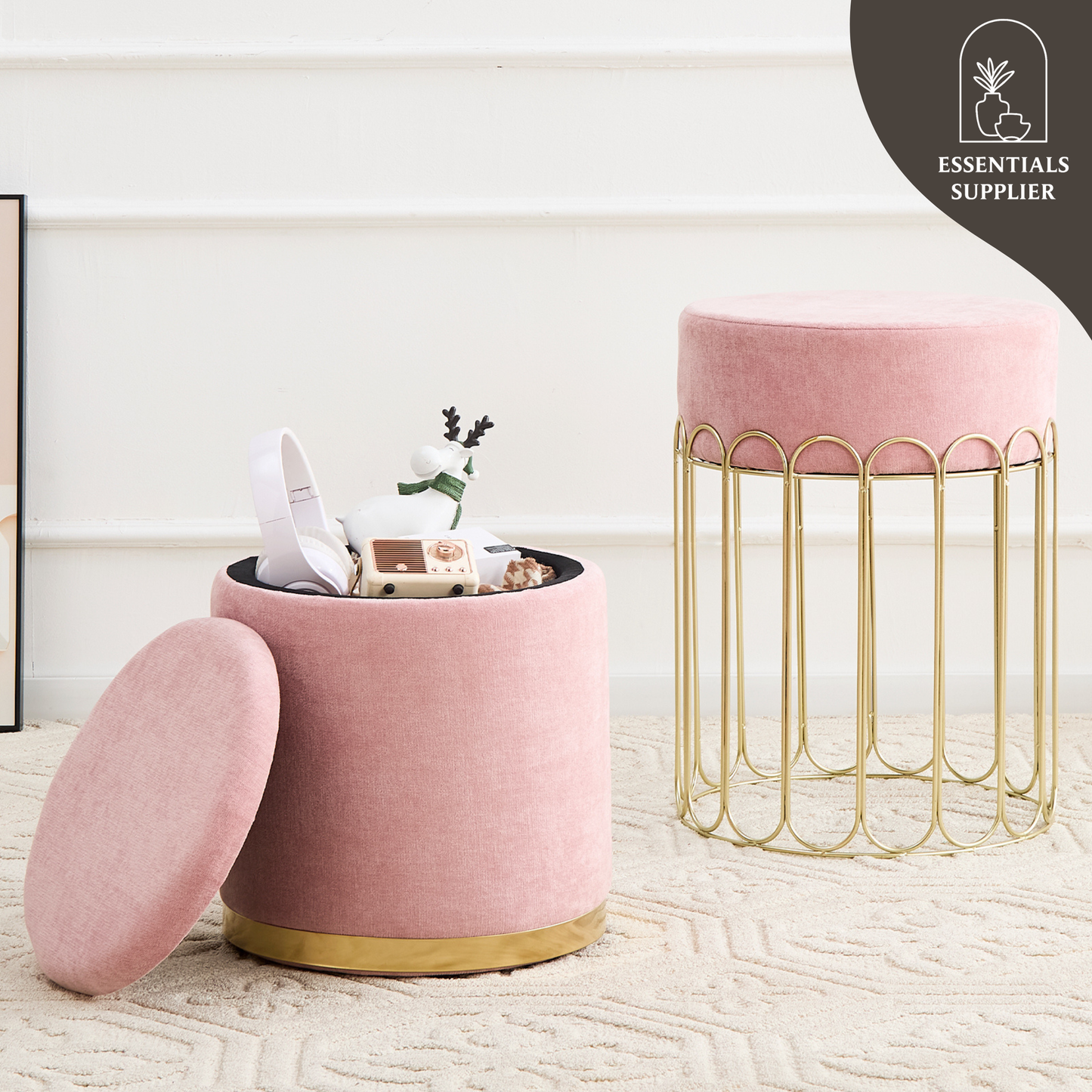 Set of 2 Round Velvet Storage Ottomans with Removable Lids – Pink