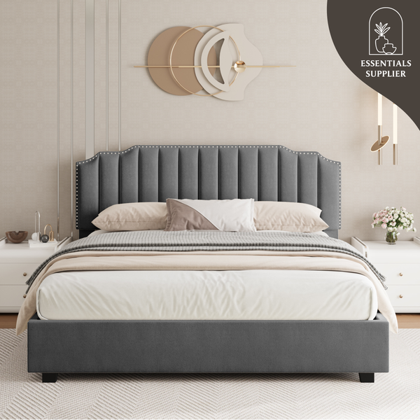 Lift-Up Storage Queen Bed – Velvet Upholstered Platform Bed Frame, Grey