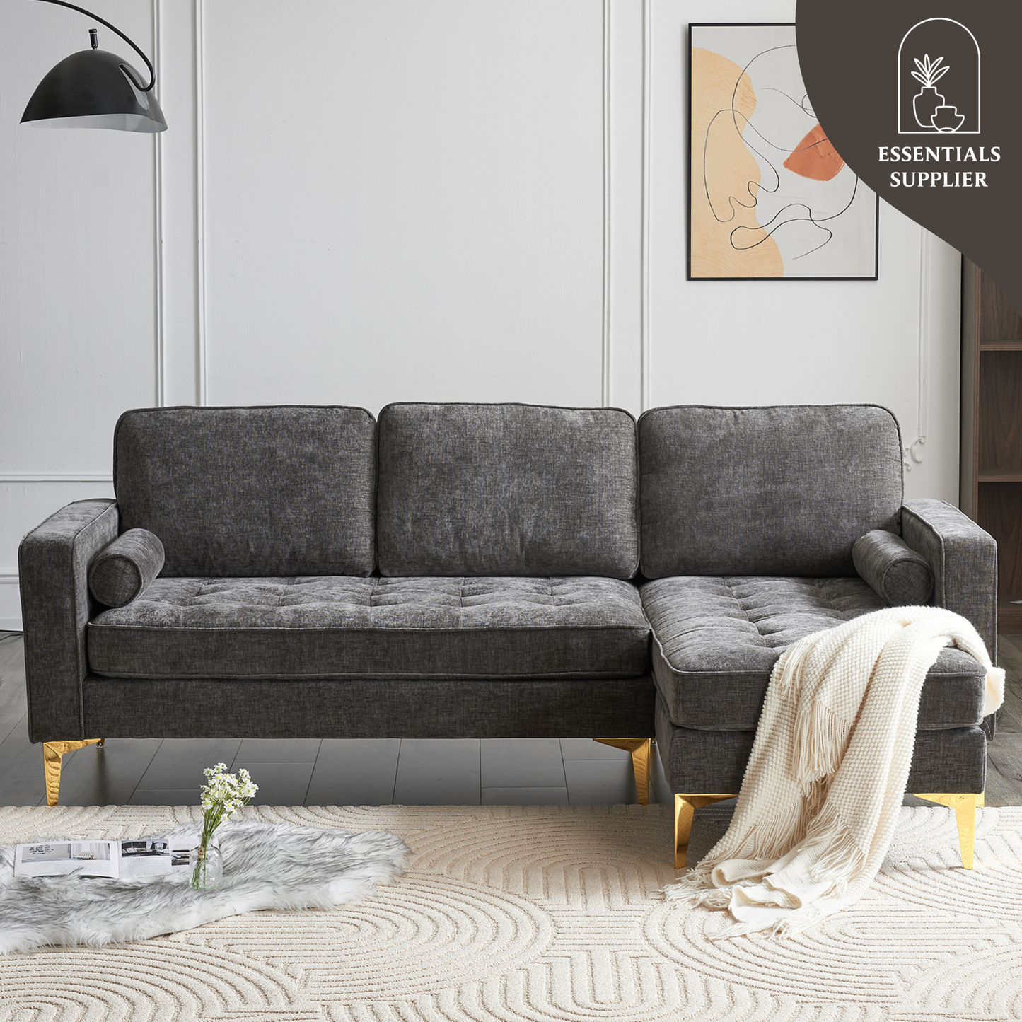 3-Seater Chenille Modular Sofa with Footstool, Gold Legs – Dark Gray