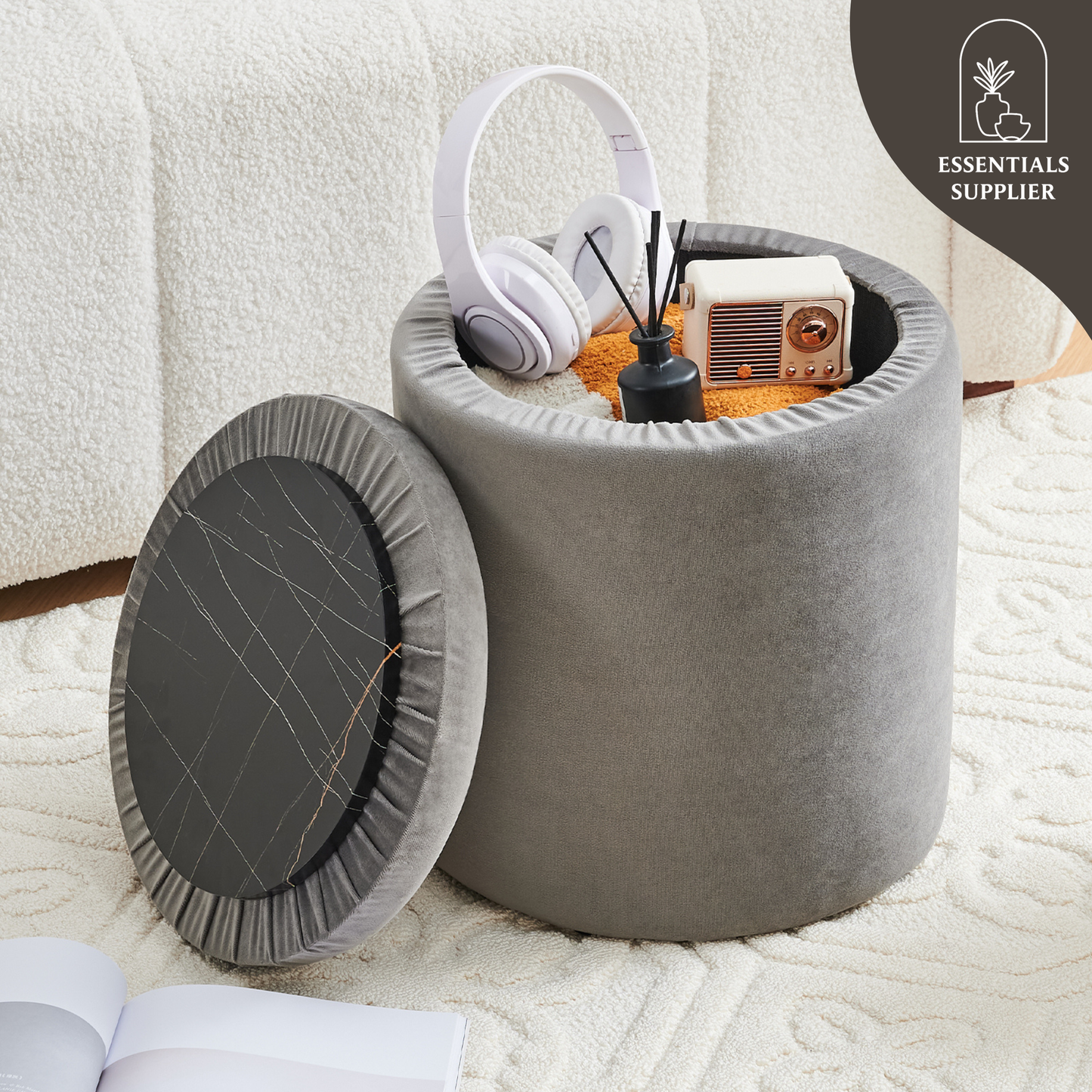Velvet Grey Round Storage Ottoman with Removable Lid