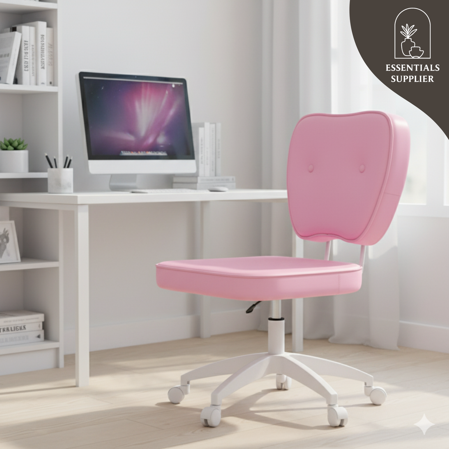 Pink Faux Leather Office Chair with Adjustable Height & Curved Backrest
