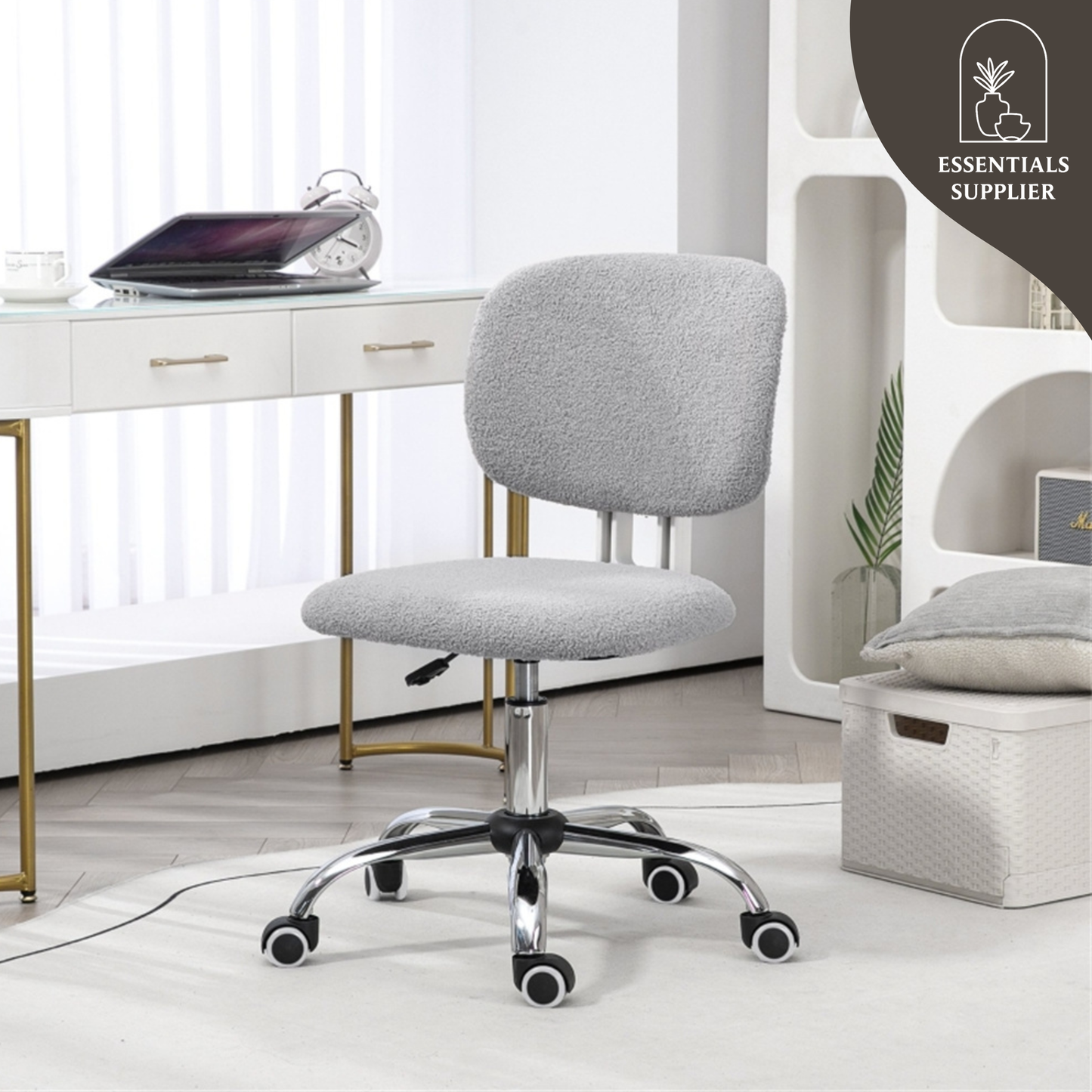 Light Gray Plush Office Chair with Adjustable Height & Soft Curved Backrest