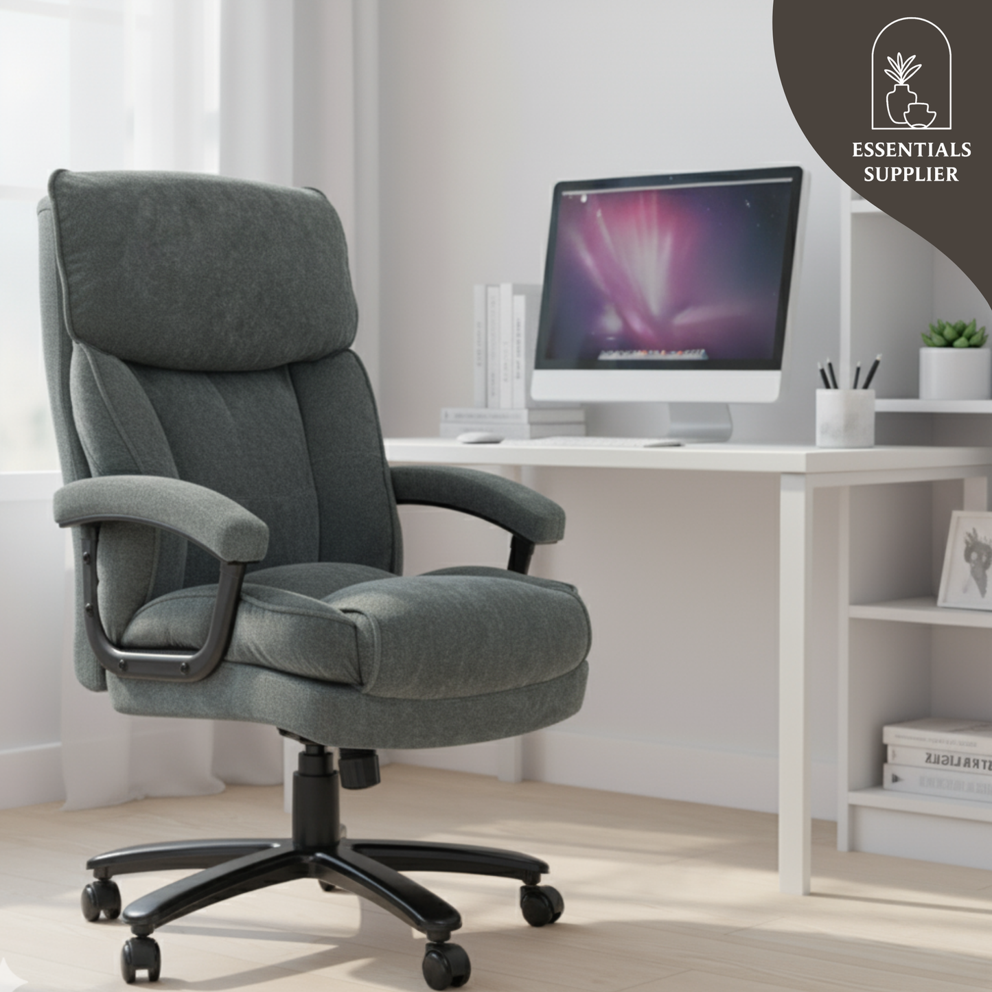 Pebble Grey Reclining Office Chair with Footrest & High-Back Linen-Feel Padding