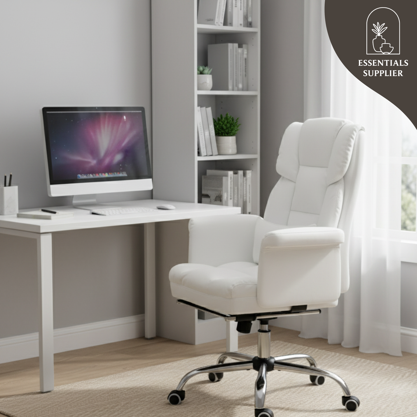 White Massage Office Chair with Reclining Back, Footrest & PU Leather Finish