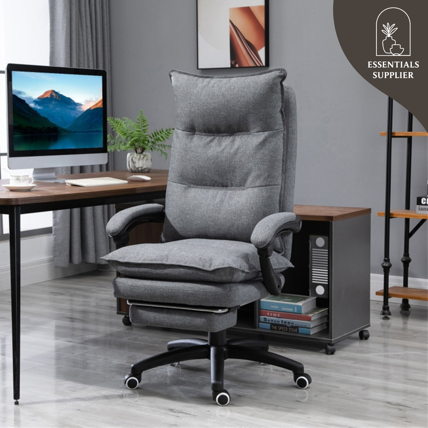 Grey High-Back Reclining Office Chair with Footrest & Linen-Style Upholstery