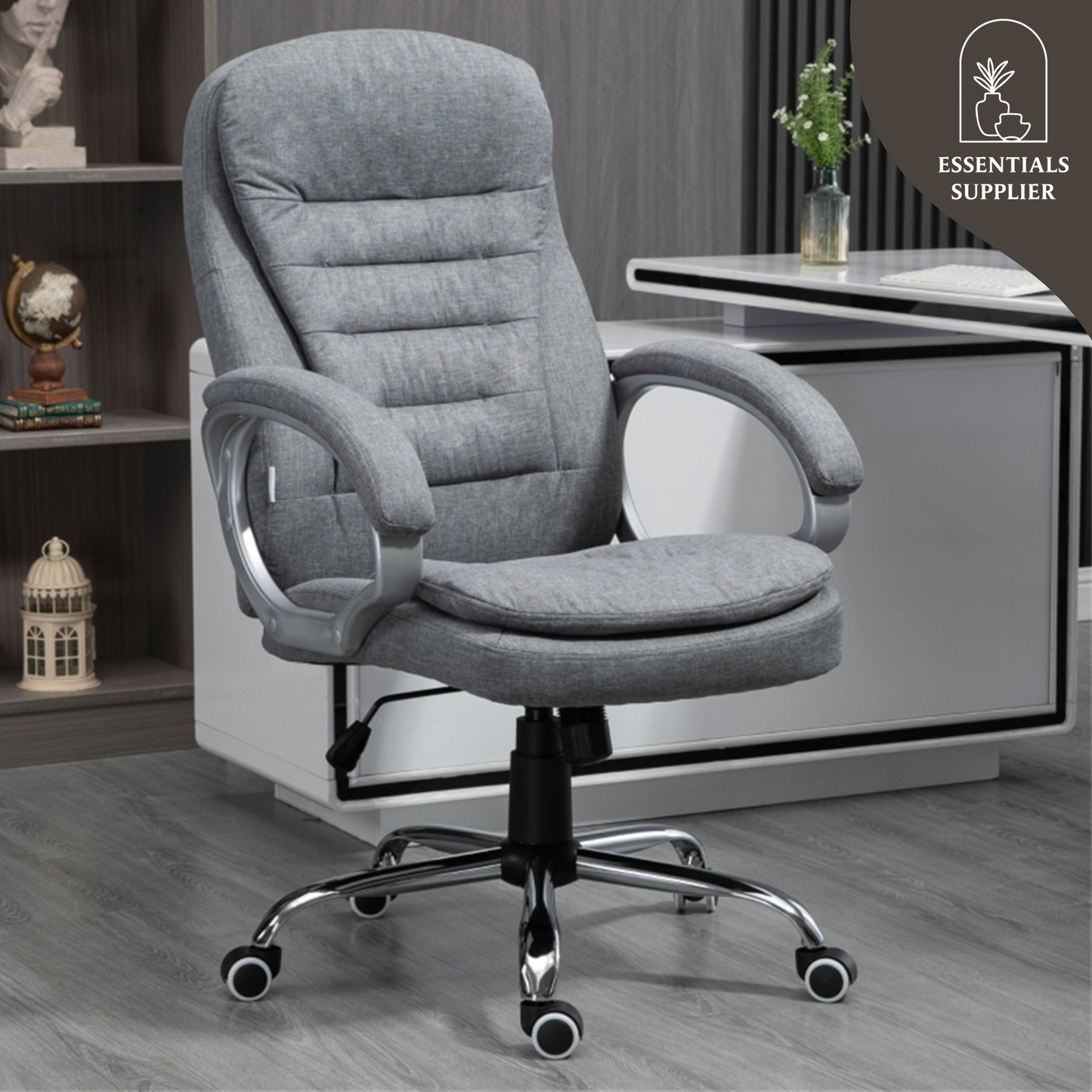 Grey High-Back Linen Office Chair with Lumbar Support & Adjustable Height