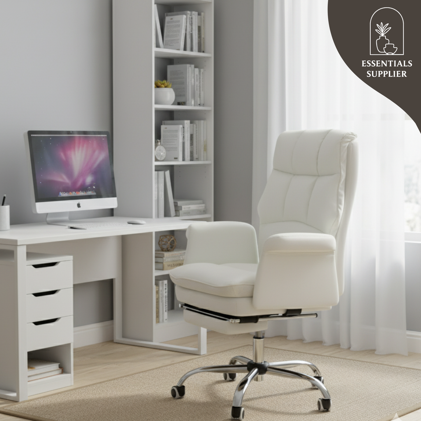 White Massage Office Chair with Reclining Back, Footrest & PU Leather Finish