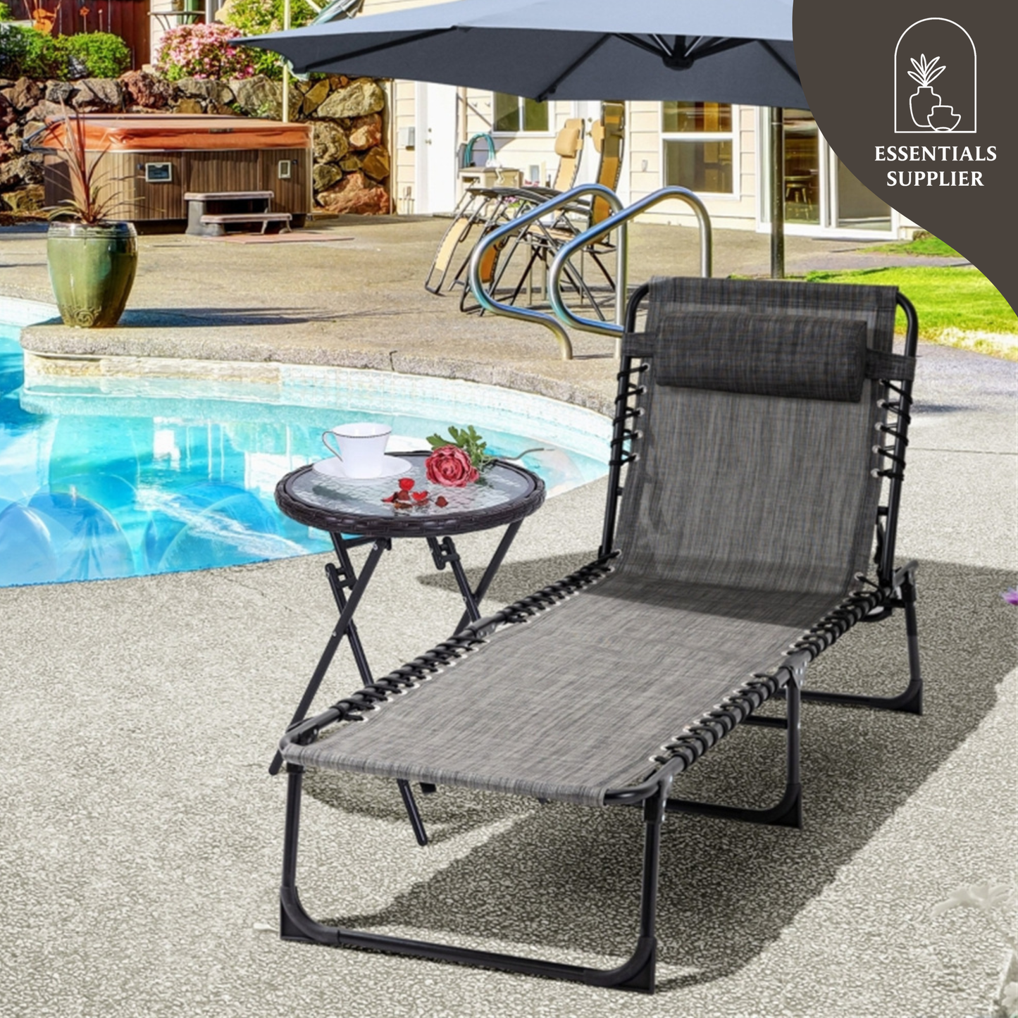 Grey Folding Outdoor Sun Lounger with Adjustable Backrest & Breathable Mesh