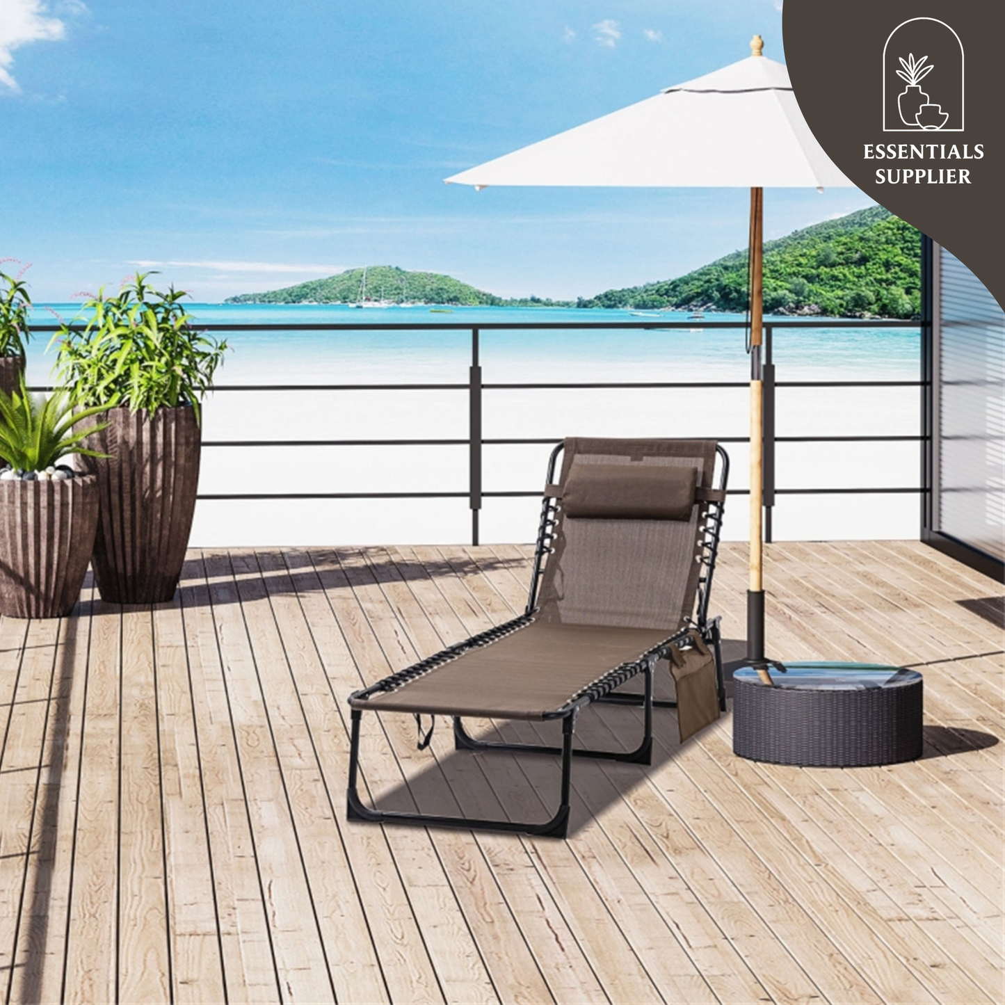 Brown Zero Gravity Folding Lounger with Side Pocket & Adjustable Backrest