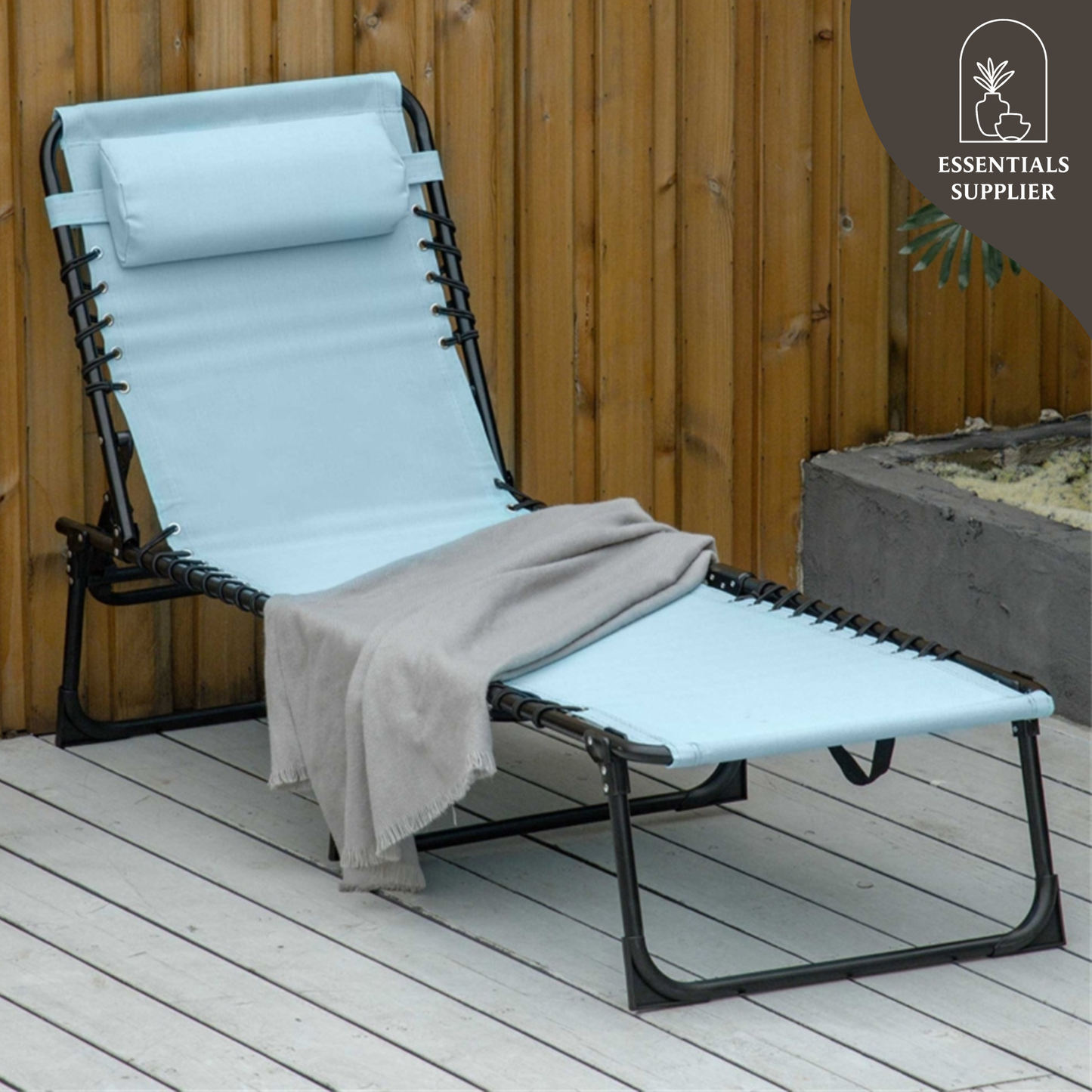 Blue Reclining Foldable Lounge Chair with Pillow & Mesh Fabric