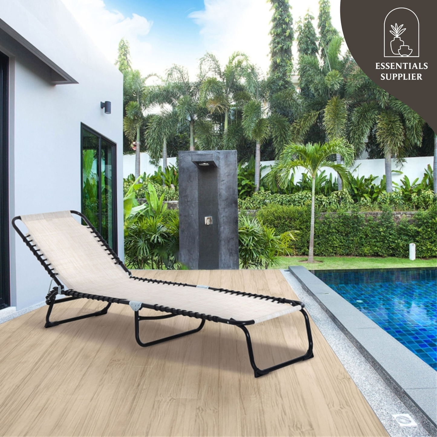 Cream White Reclining Foldable Lounge Chair with Pillow & Mesh Fabric