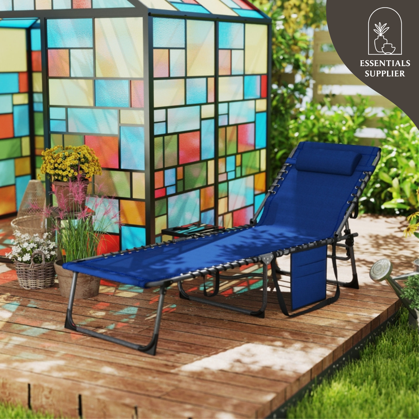 Dark Blue Reclining Foldable Lounge Chair with Pillow & Mesh Fabric