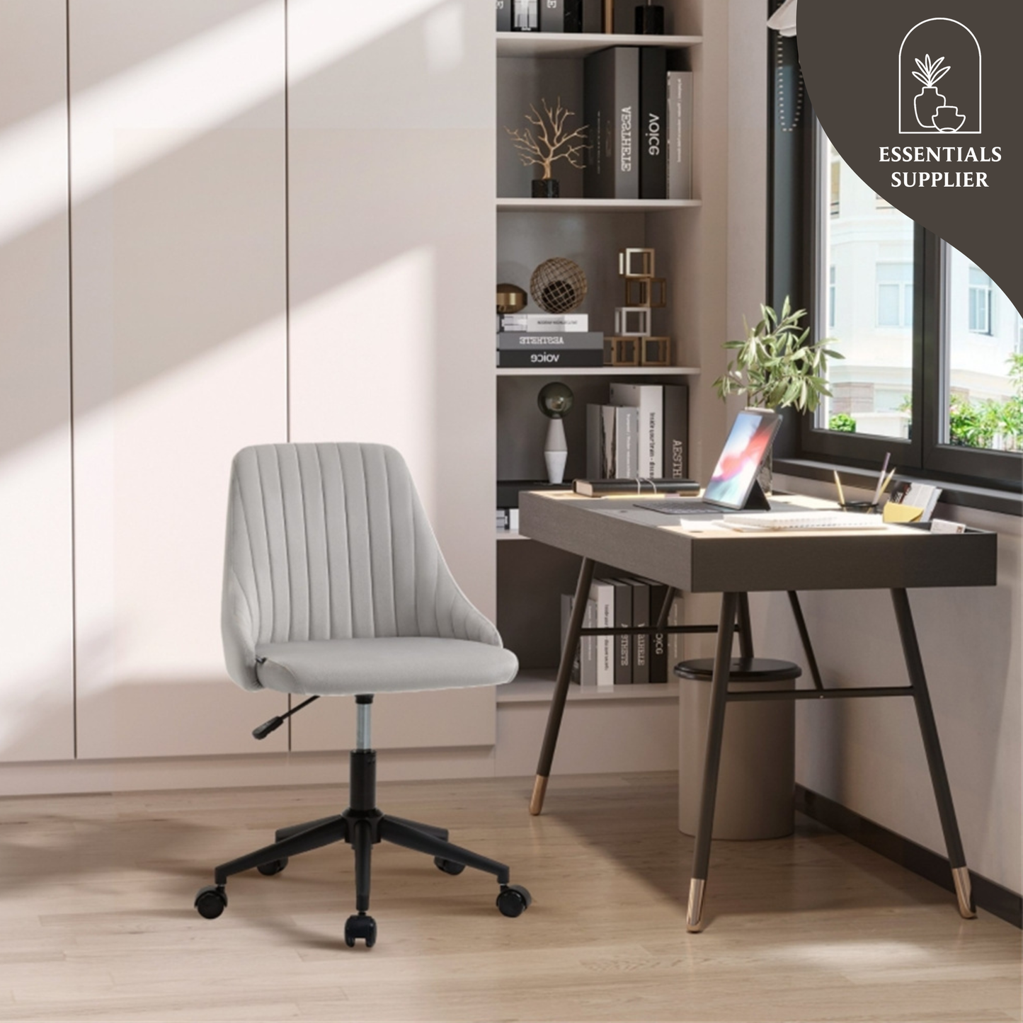 Grey Velvet Scallop Swivel Office Chair – Adjustable Height & Chic Design