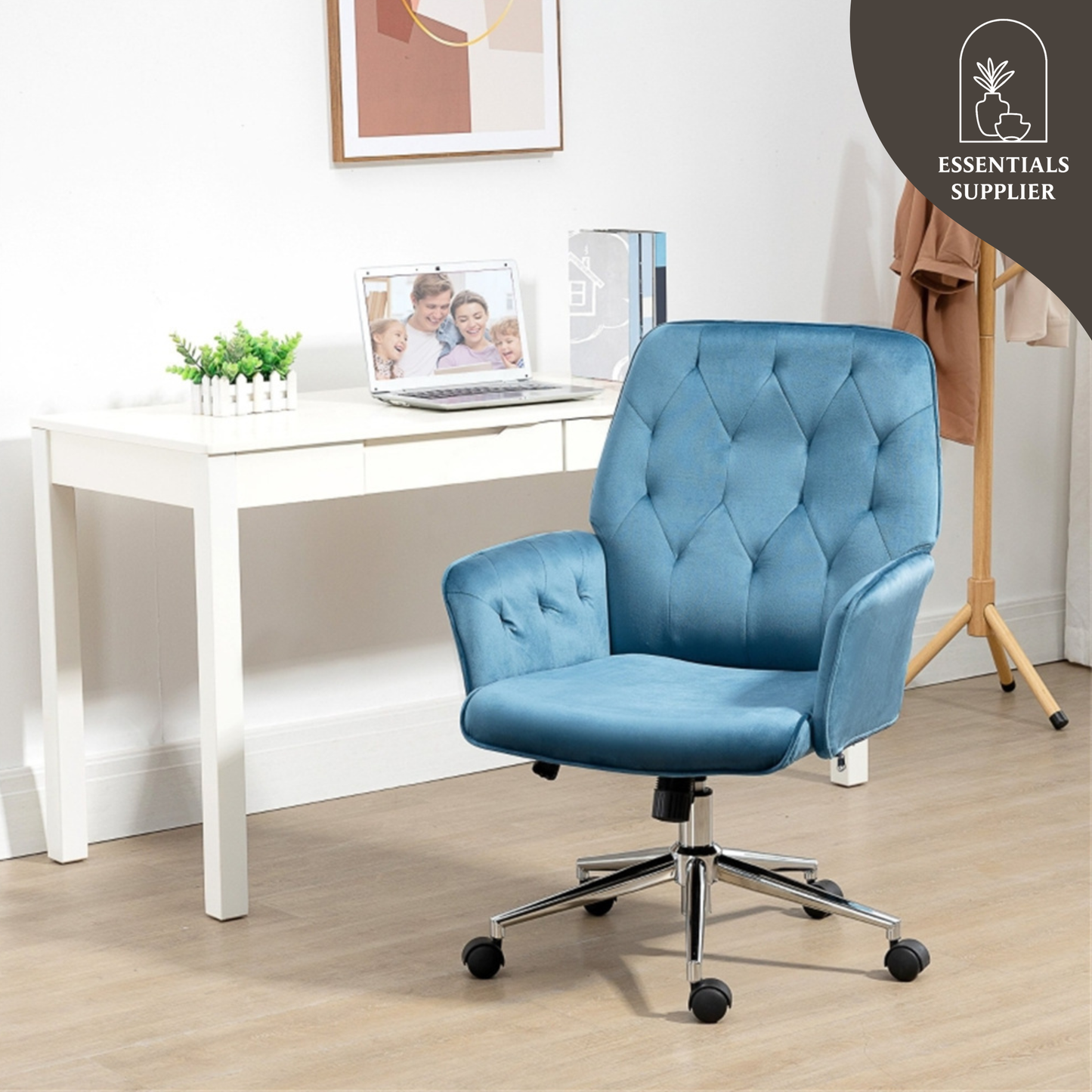 Blue Velvet Office Chair – Adjustable Height with Rocking Back & Armrests