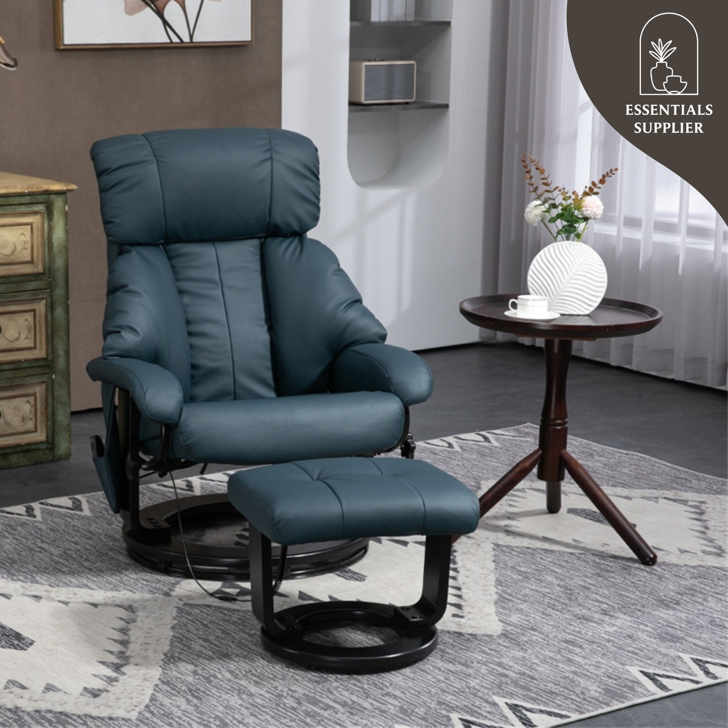 PU Leather Massage Recliner Chair with Ottoman & Remote, Blue